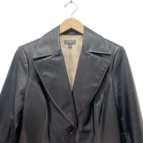 Vintage Classiques Entier Black Leather 3-Button Blazer Lasercut Trim Sz 10 Y2K - Picture 10 of 15